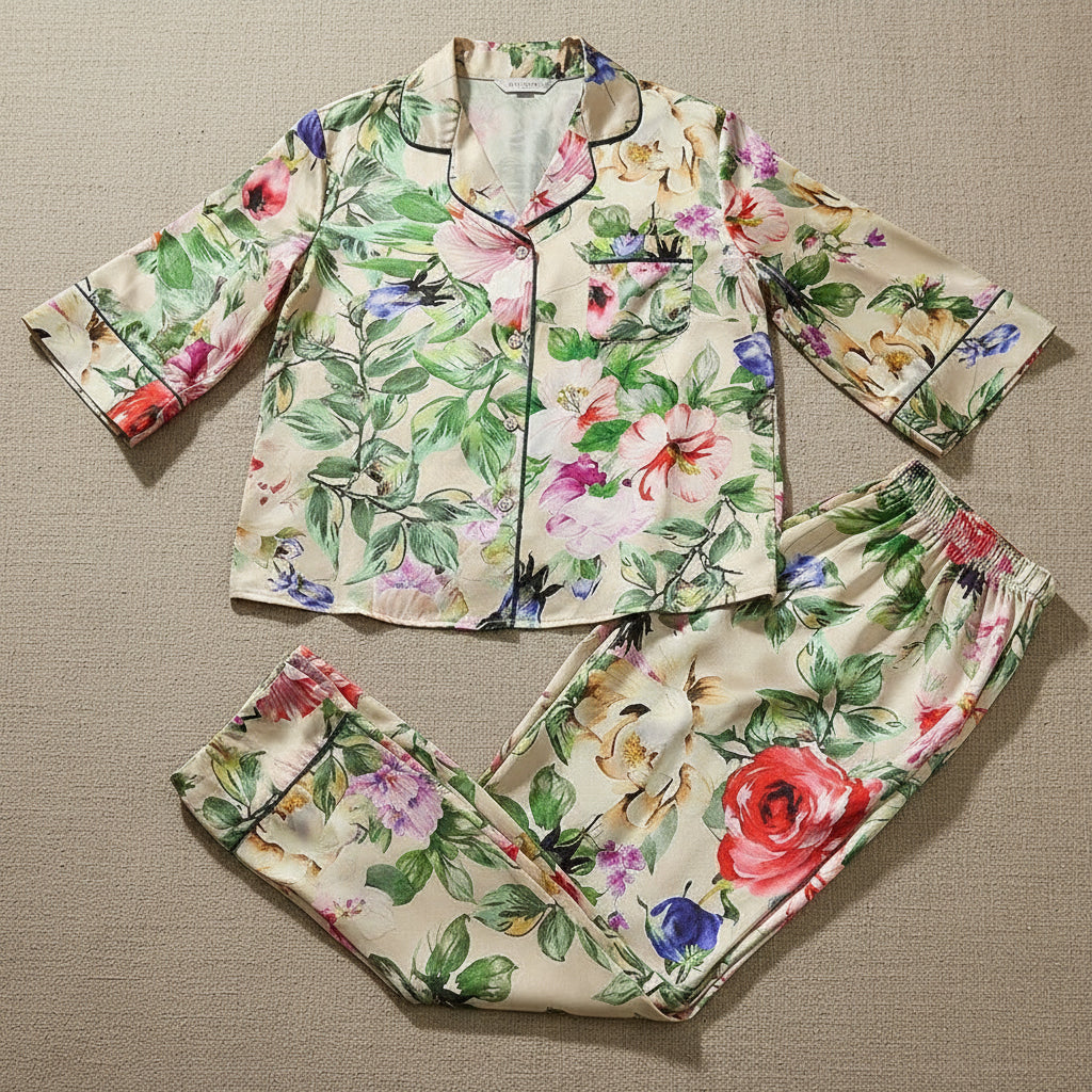 Green Floral Silk Pyjama Set