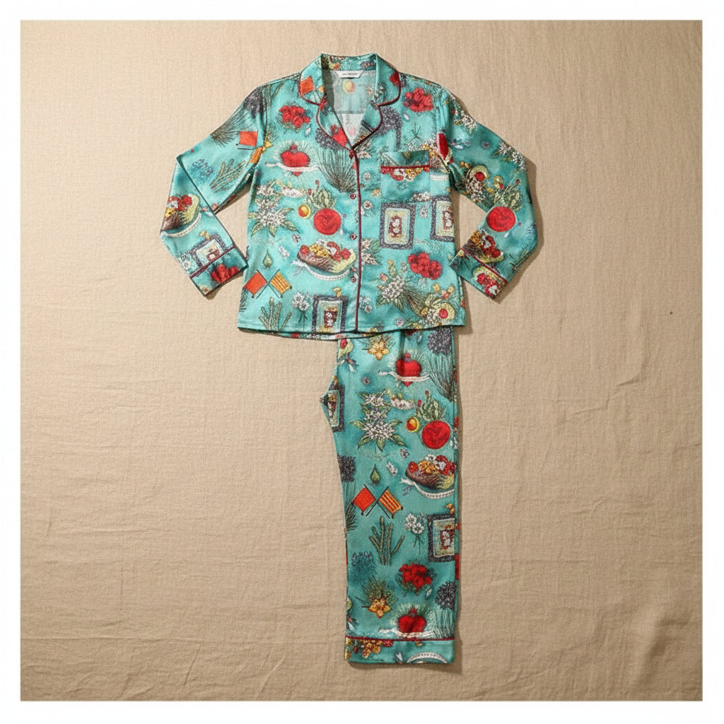 Turquoise Print Silk Lapel Set