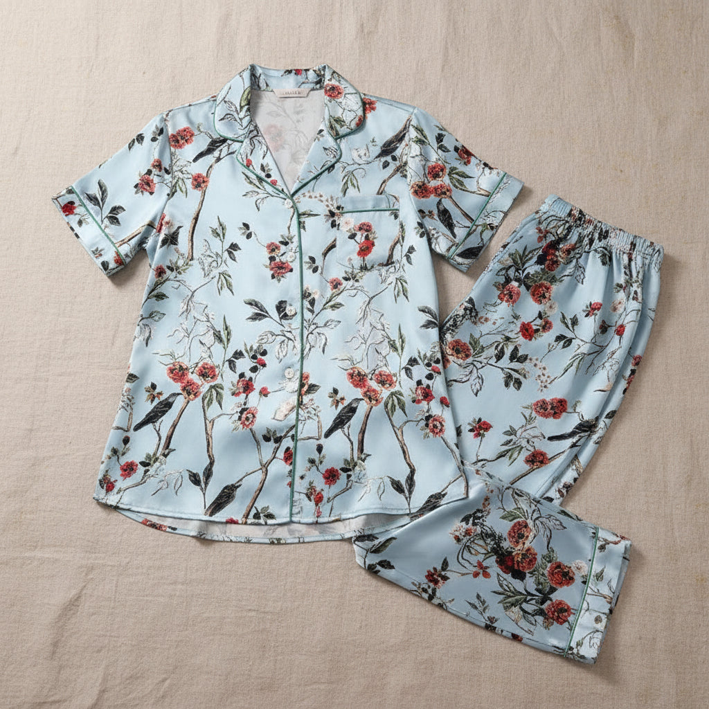 Blue Floral Silk Trouser Set
