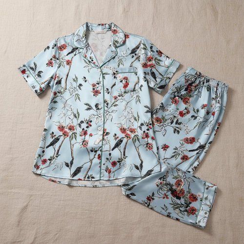 Blue Floral Silk Trouser Set