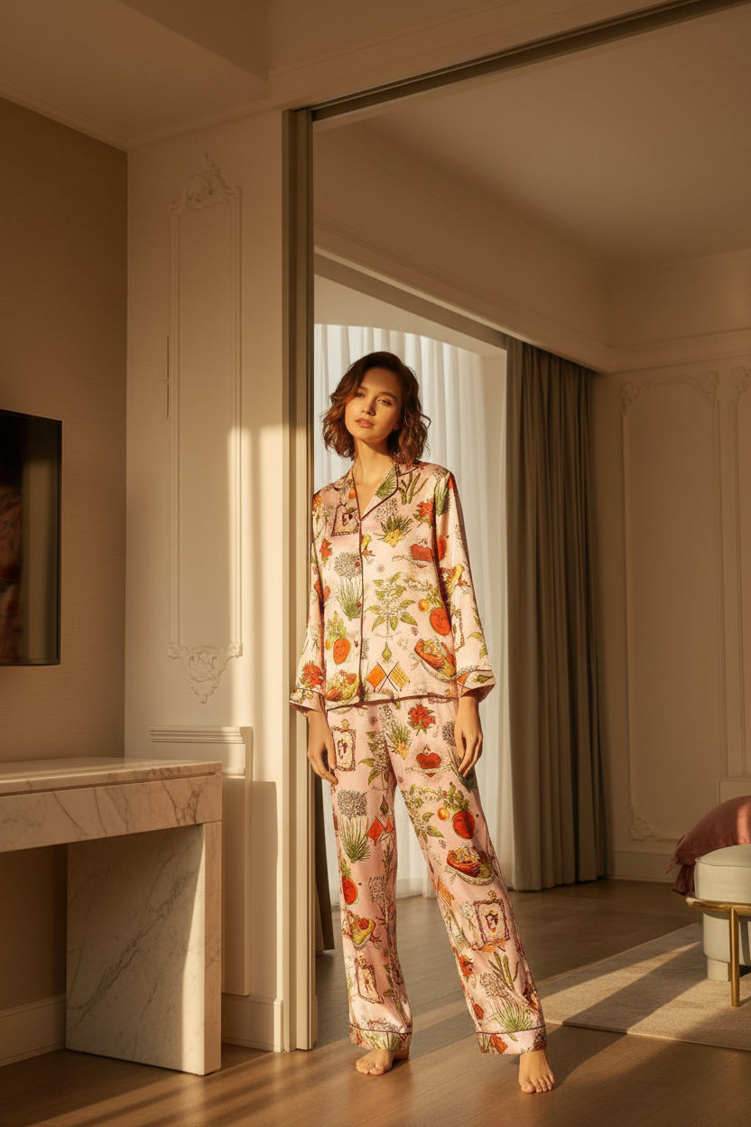 Turquoise Print Silk Lapel Set