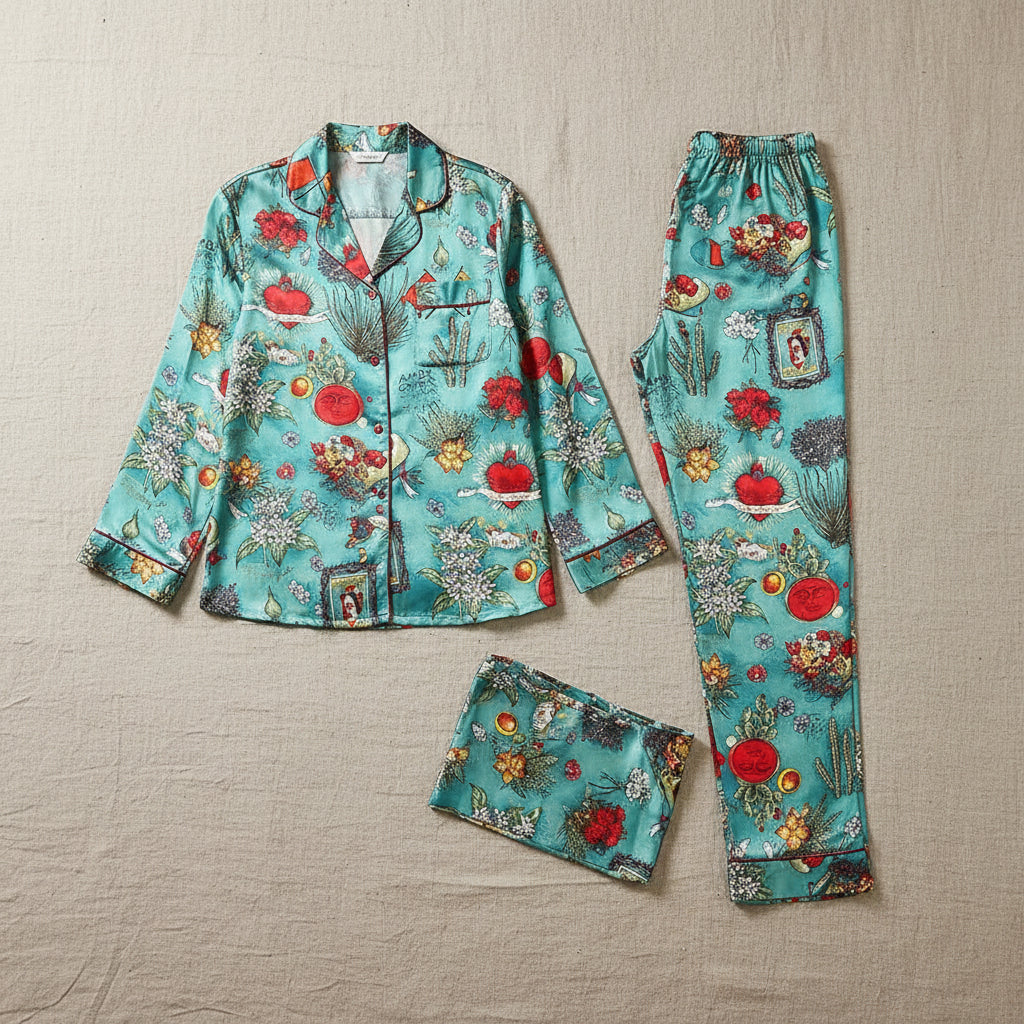 Turquoise Print Silk Lapel Set