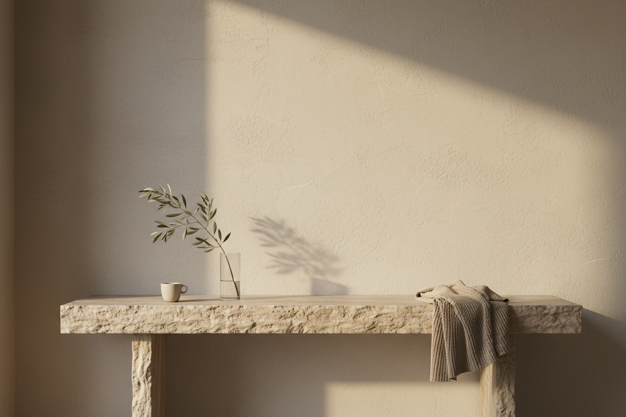High-end architectural photography, wide shot home screen banner, Italian minimalist interior, a rough-hewn travertine stone console table against a wall with Venetian plaster texture. On the table: a single ceramic espresso cup, a minimalist glass vase with a dry olive branch, and a folded beige cashmere throw. Soft, warm morning sunlight streaming from the left, creating subtle shadows. Neutral color palette: cream, oatmeal, warm grey, matte gold. Ultra-realistic, 8k resolution, cinematic lighting, webp 
